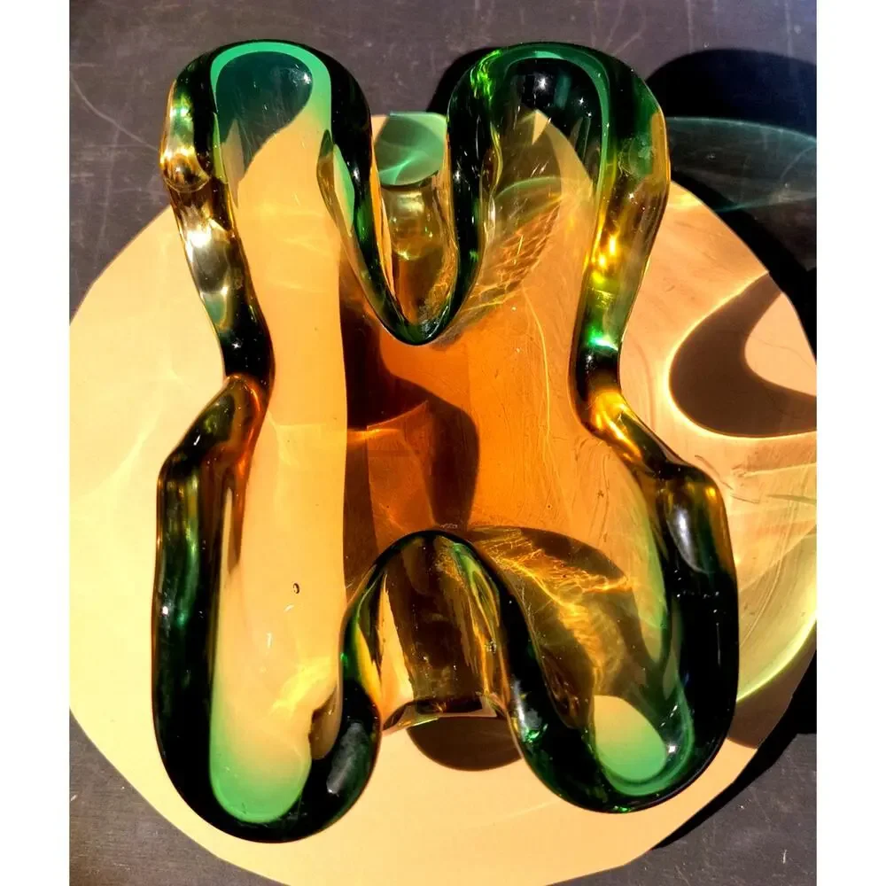 597. Murano Style Art Glass Bowl Dish Green and Amber Glows